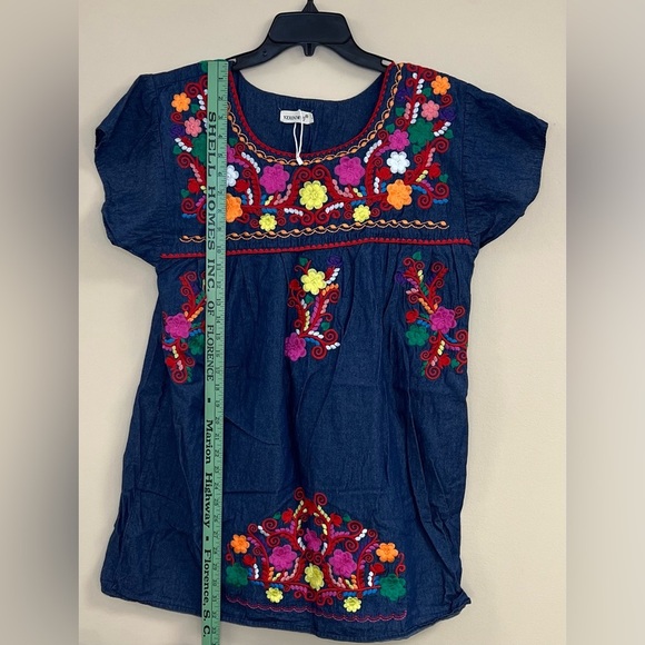 Embroidered Denim Dress with Colorful Floral Design - Picture 5 of 6